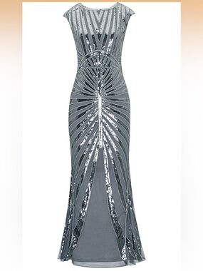 NEW WITH TAGS Metme 1920's Inspired Formal Evening Gown Stretch Silver Gray Med